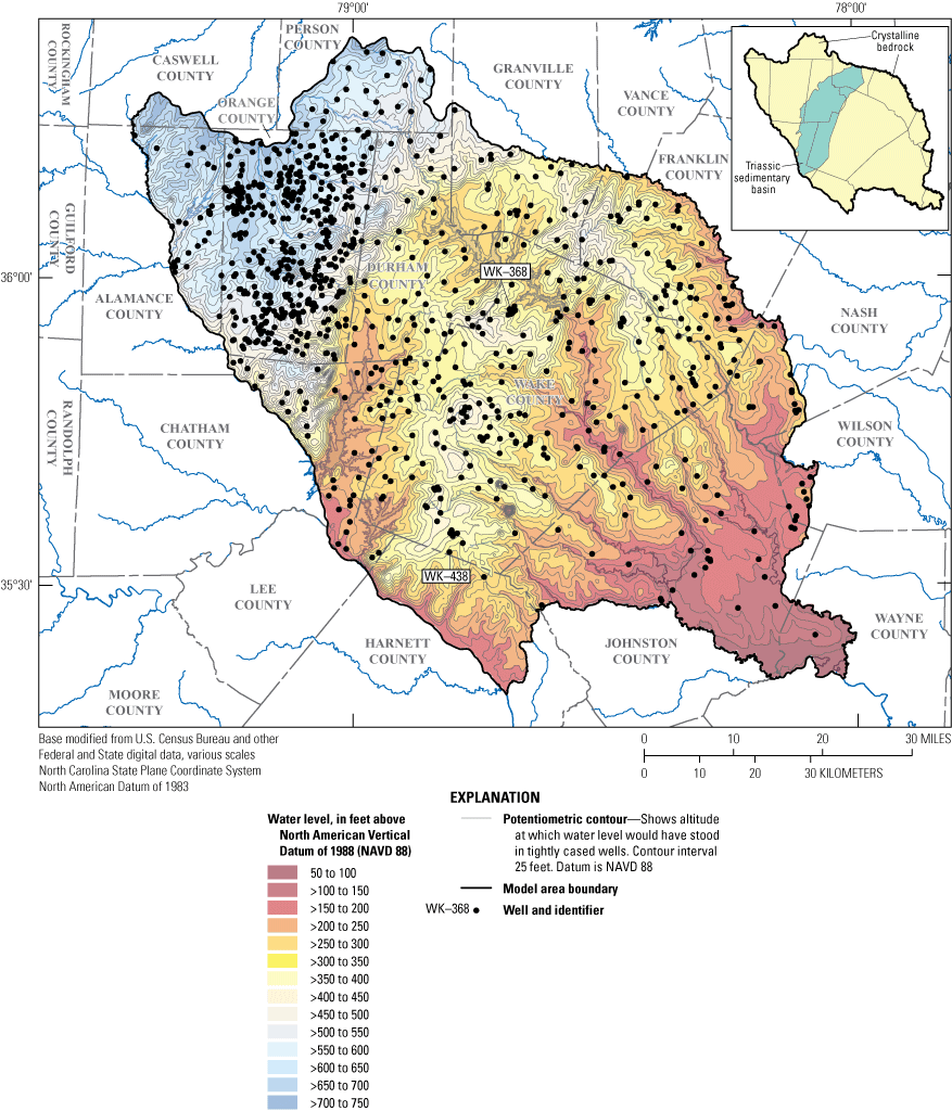 Map shows simulated groundwater-level altitude for end of calibration period for model
                        layer 2.