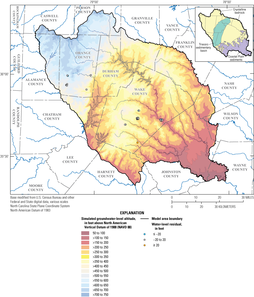 Map shows spatial distribution of mean water-level residuals in model layer 1 for
                        calibration period.
