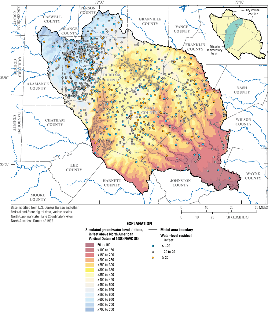 Map shows spatial distribution of mean water-level residuals for model layer 2 for
                        calibration period.