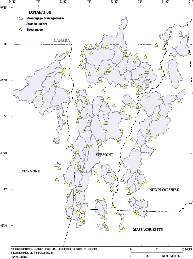 Streamgages and their watersheds in and around Vermont