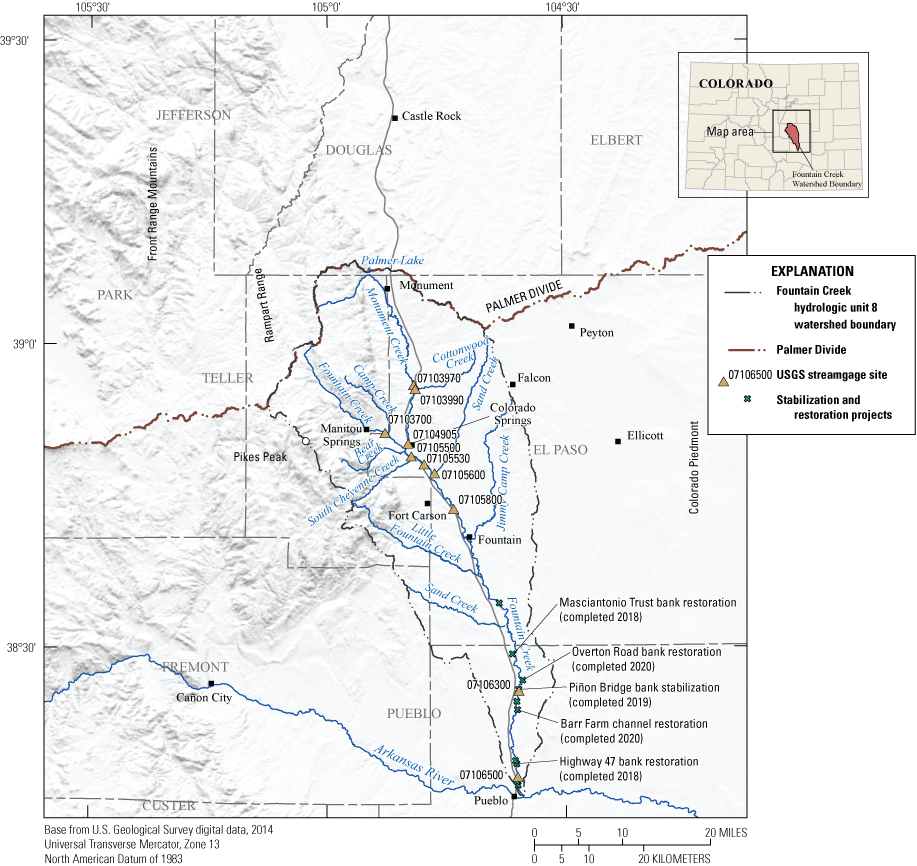 Figure 1 alt text: Sites and projects on Fountain Creek between Monument and Pueblo,
Colorado, are indicated by symbols on the map.