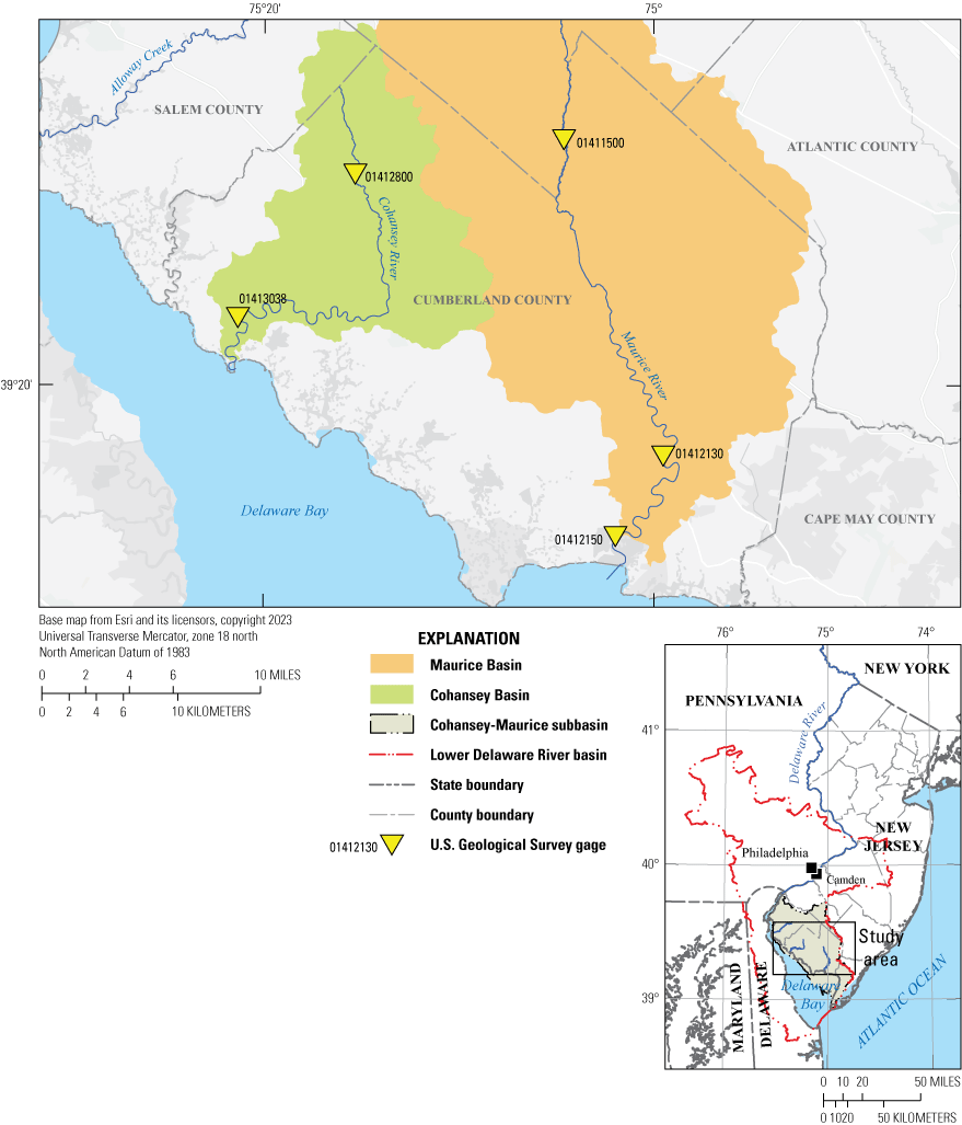 Map showing various basins as colors and gage locations as triangles in Cumberland
                     County, New Jersey.