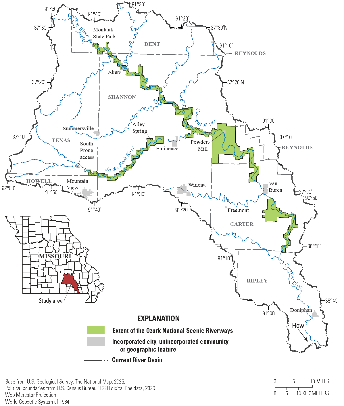 The map indicates the current river's generally south-southeastern flow and its junction
with the Jacks Fork River, which flows in from the west. The Ozark National Scenic
Riverways cover much of the Current River and Jacks Fork study area.