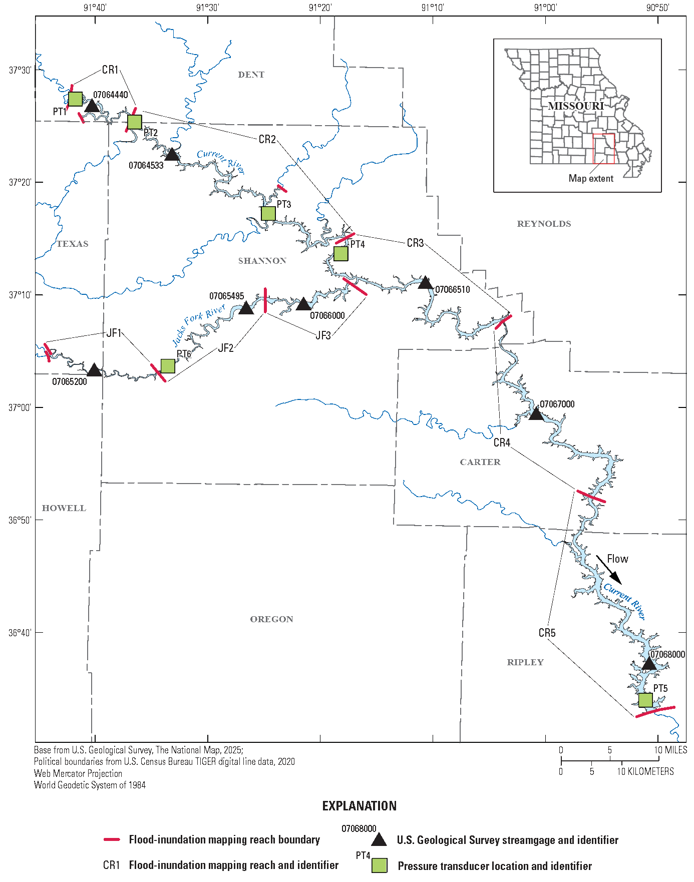 The map indicates the flood-inundation map reaches along the Current and Jacks Fork
River along with U.S. Geological Survey streamgage and temporary pressure transducer
locations.