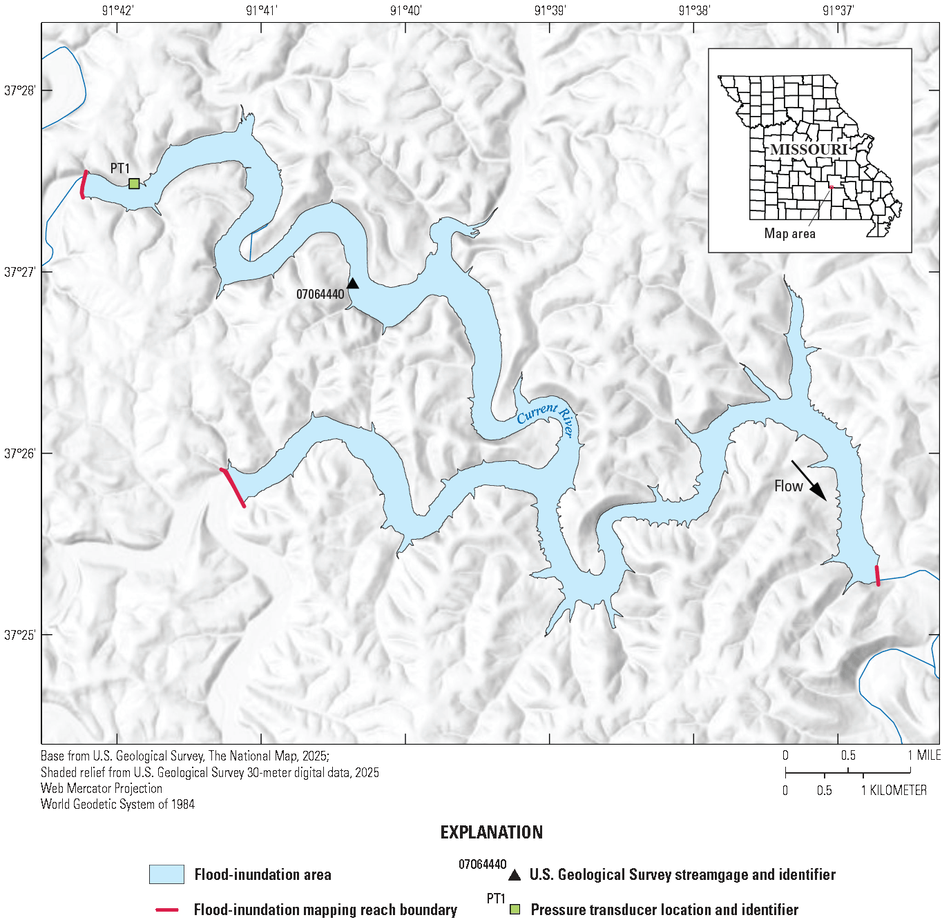 The map indicates the flood-inundation extent along the Current River map reach CR1
referenced to U.S. Geological Survey station number 07064440.