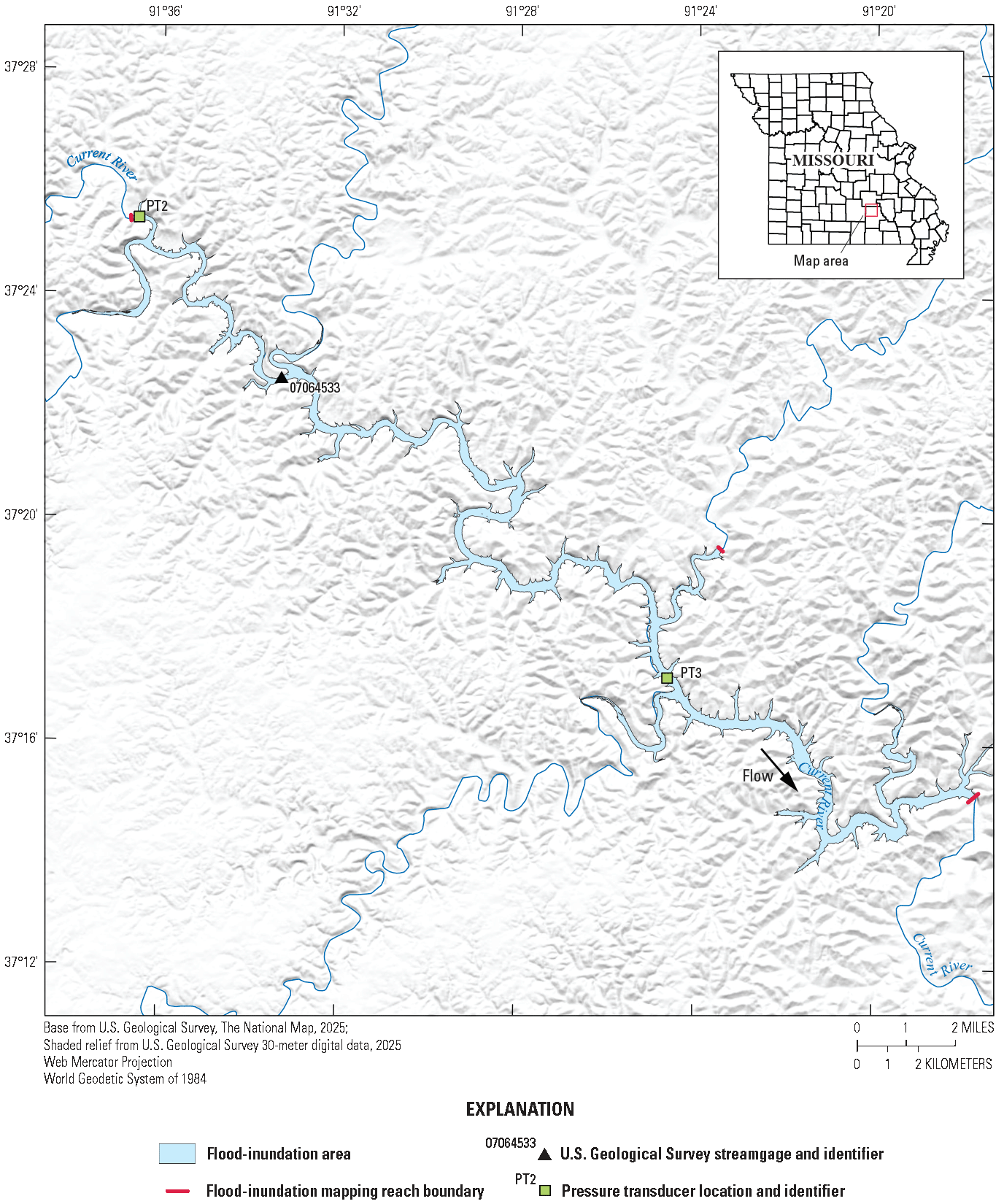 The map indicates the flood-inundation extent along the Current River map reach CR2
referenced to U.S. Geological Survey station number 07064533.