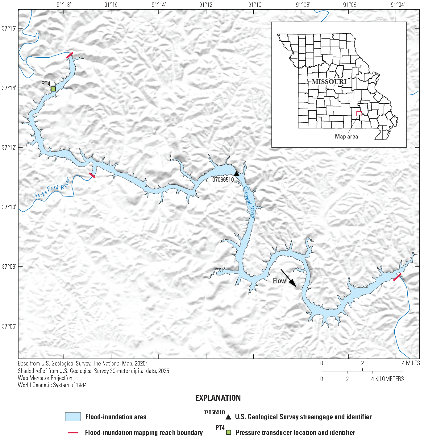 The map indicates the flood-inundation extent along the Current River map reach CR3
referenced to U.S. Geological Survey station number 07066510.