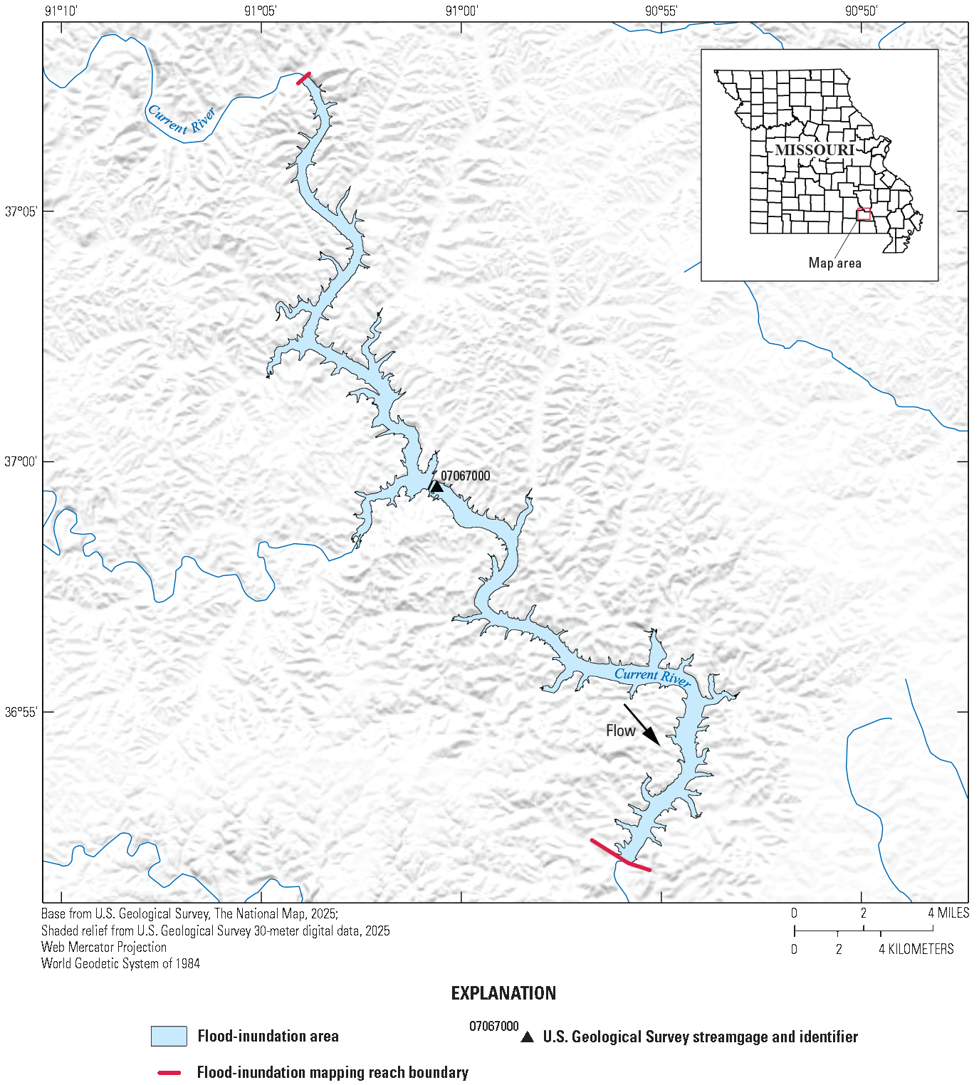 The map indicates the flood-inundation extent along the Current River map reach CR4
referenced to U.S. Geological Survey station number 07067000.