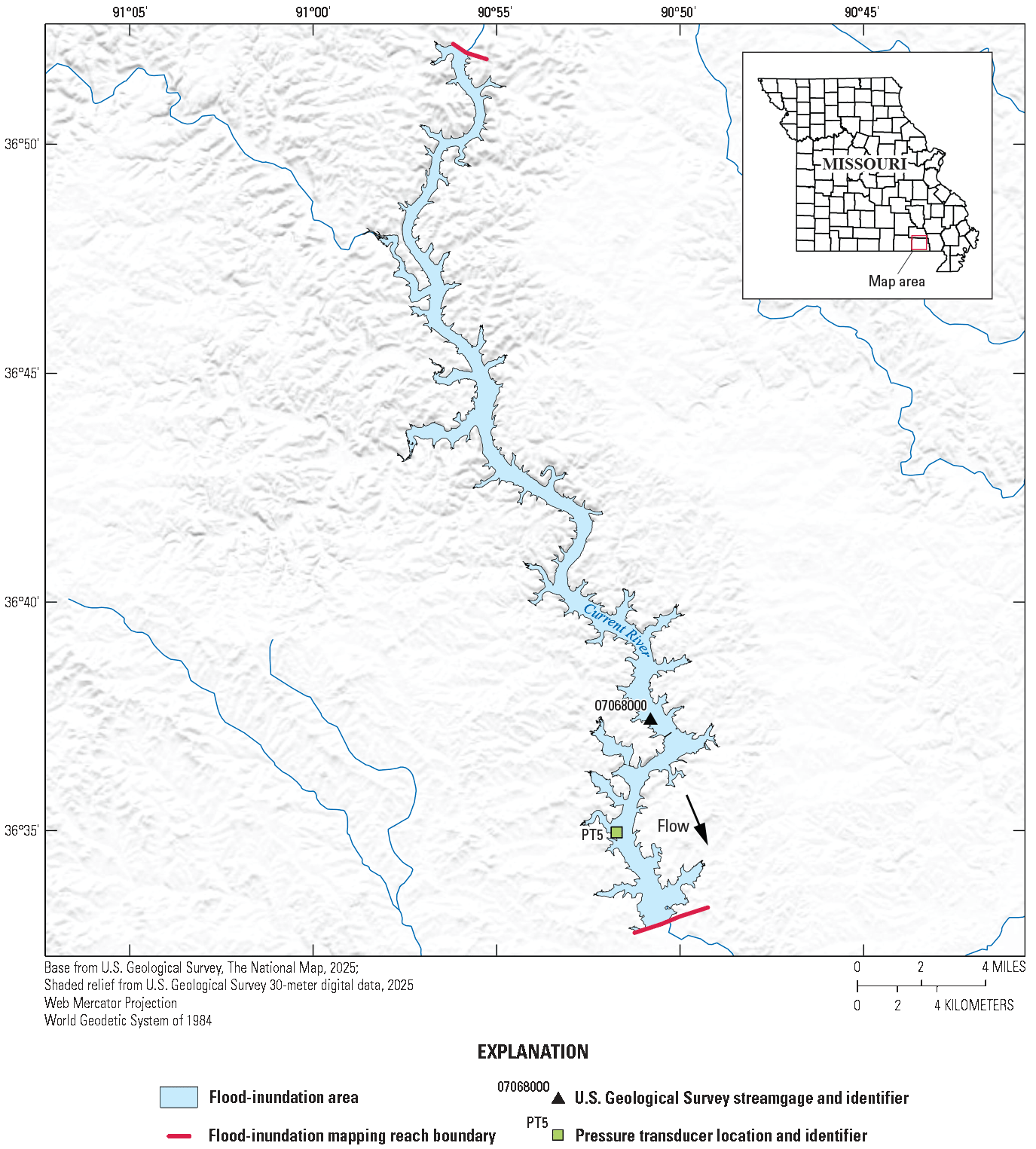 The map indicates the flood-inundation extent along the Current River map reach CR5
referenced to U.S. Geological Survey station number 07068000.