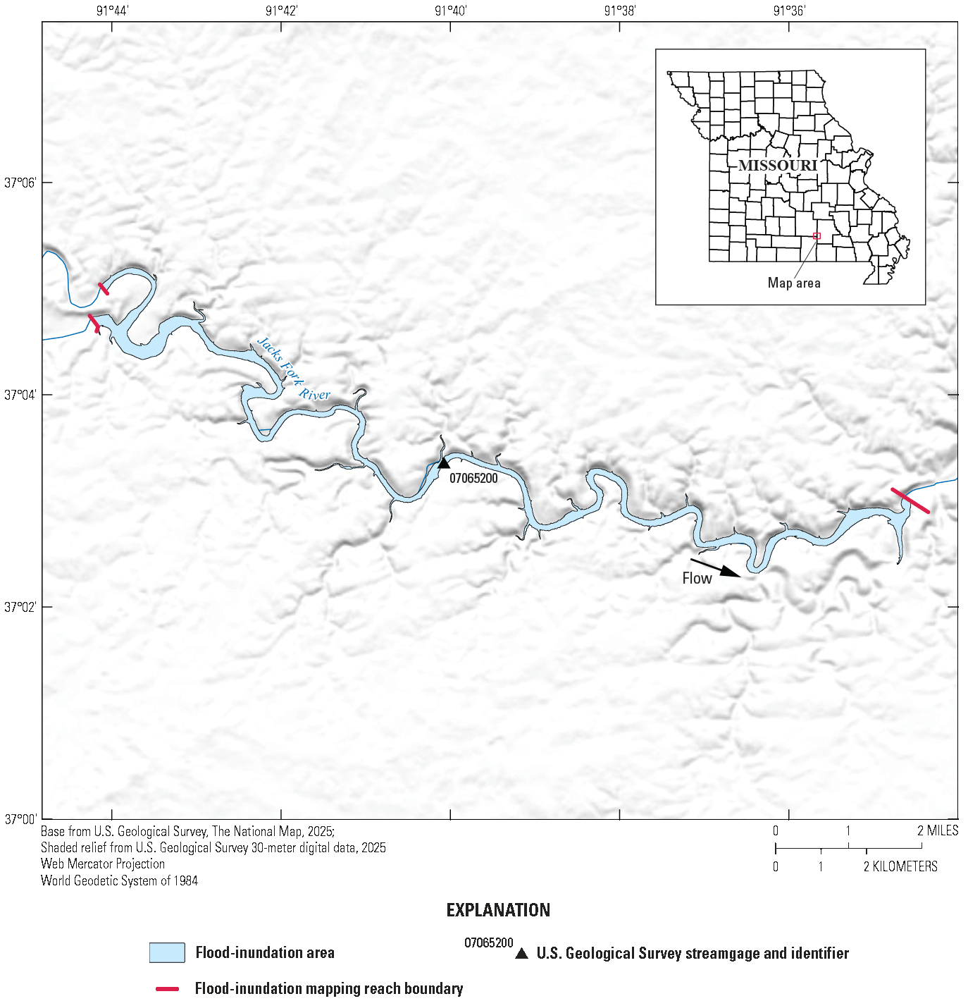 The map indicates the flood-inundation extent along the Jacks Fork River map reach
JF1 referenced to U.S. Geological Survey station number 07065200.