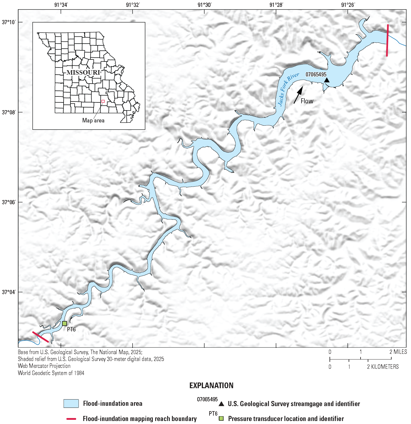 The map indicates the flood-inundation extent along the Jacks Fork River map reach
JF2 referenced to U.S. Geological Survey station number 07065495.