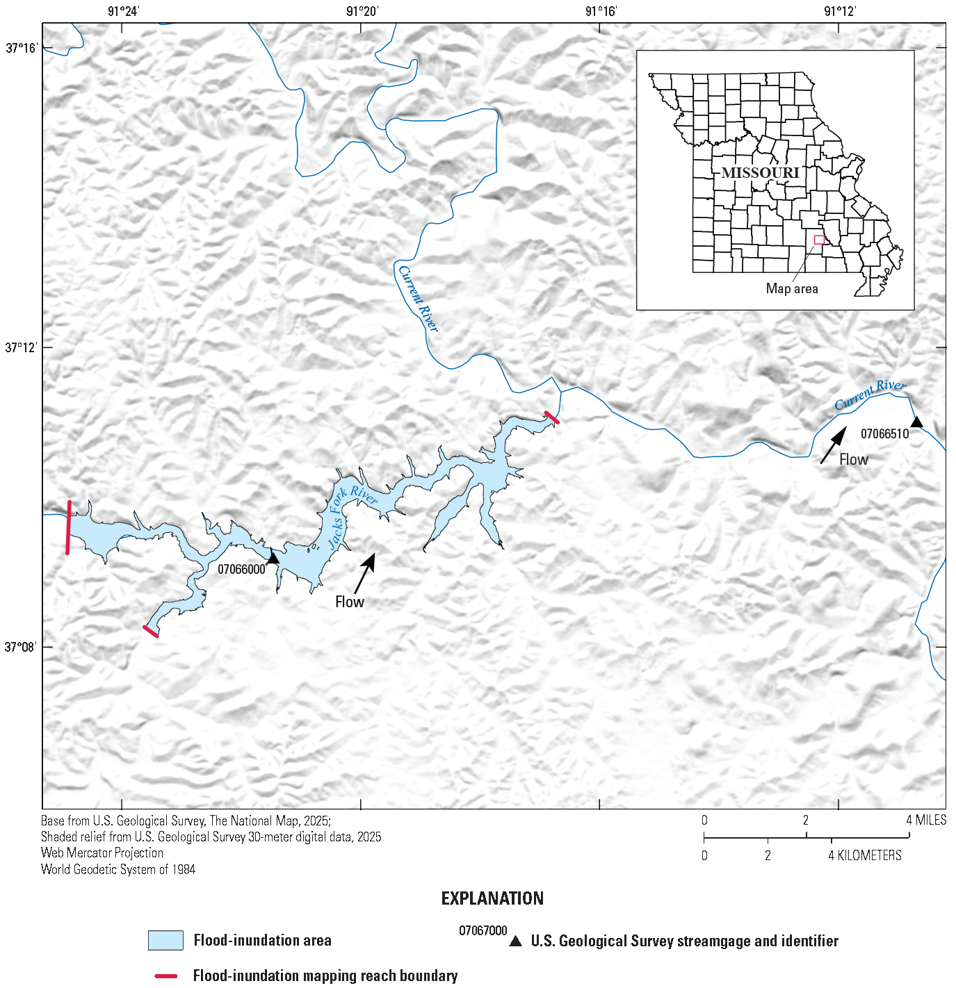 The map indicates the flood-inundation extent along the Jacks Fork River map reach
JF3 referenced to U.S. Geological Survey station number 07066000 and U.S. Geological
Survey station number 07066510.
