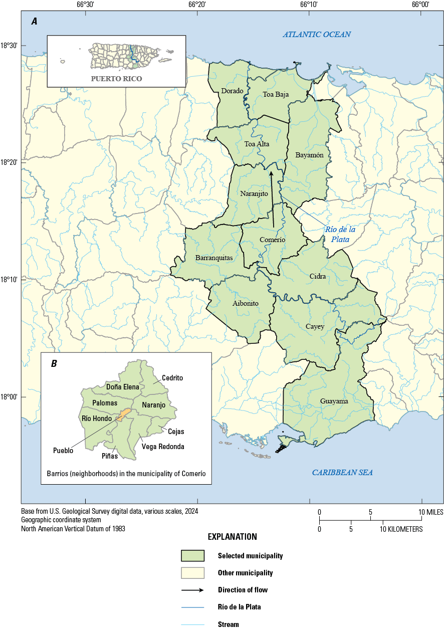 The Río de la Plata flows from the south to the north through eleven municipalities
                     in Puerto Rico.