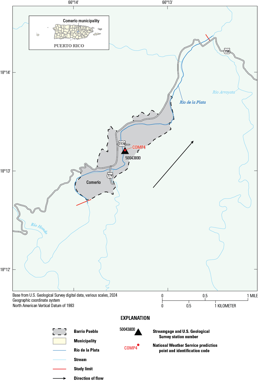 The study area is in the municipality of Comerío, Puerto Rico. Río de la Plata flows
                     from south to north. Streamgage 50043800 is just south of the middle of the study
                     area.