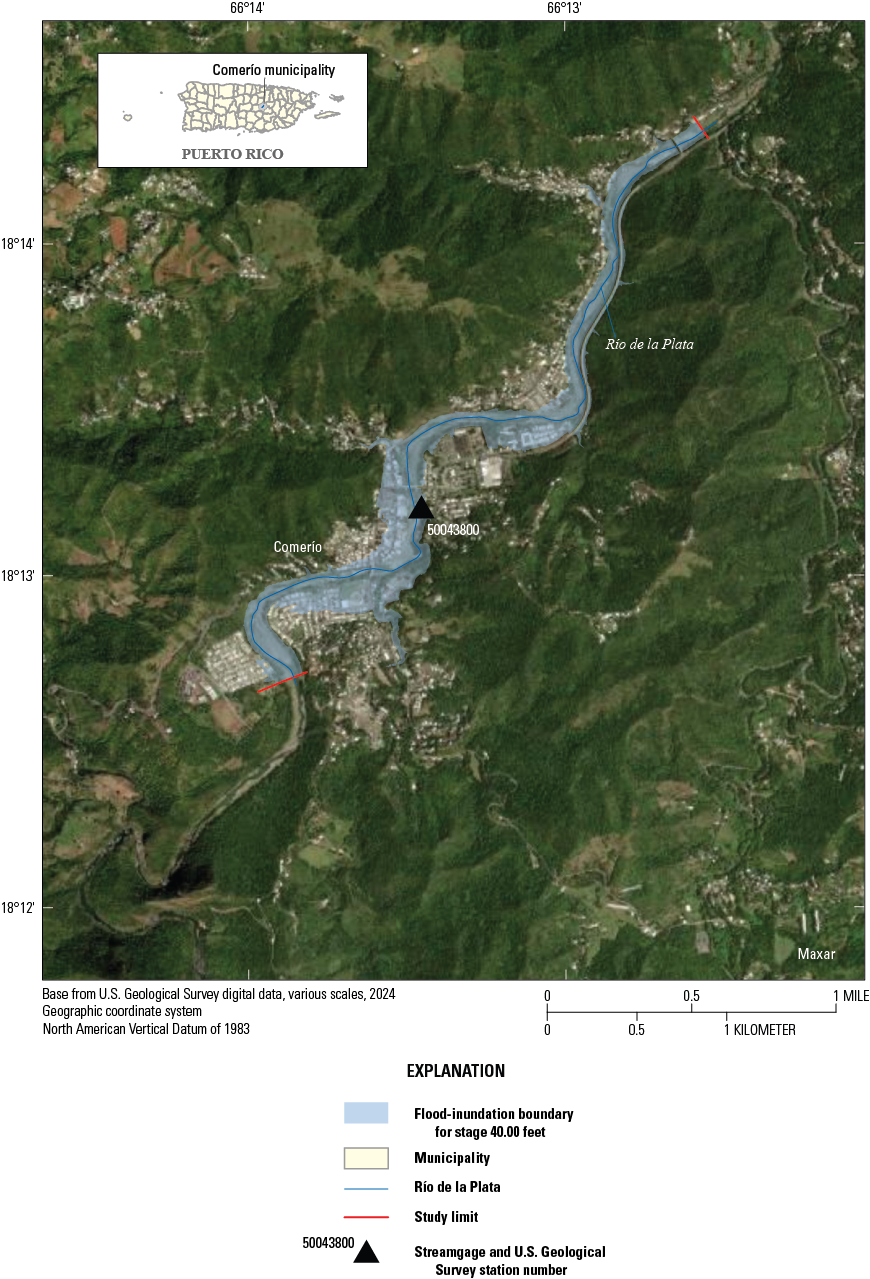 The area around Río de la Plata is flooded. Undeveloped areas, urban areas, many roads,
                              and some bridges are flooded in and near Comerío, Puerto Rico.
