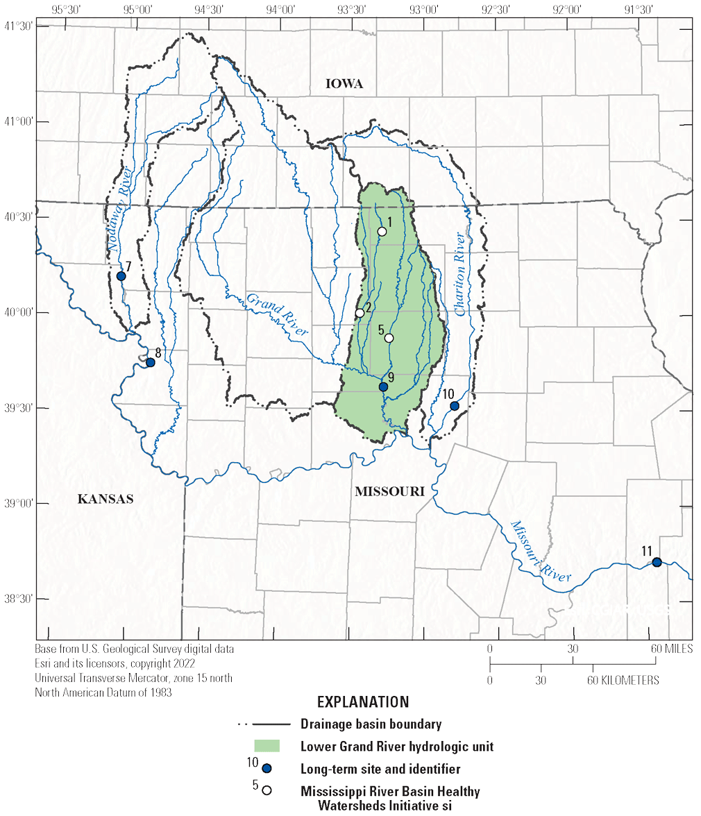 The Lower Grand River hydrologic unit extends from southern Iowa into the northern
and central parts of Missouri. The study includes three Mississippi River Basin Healthy
Watersheds Initiative sites and five long-term sites across northwest Missouri and
southern Iowa.