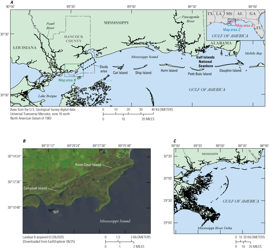 Northern Gulf of America coast from Louisiana to Alabama just north of a west-to-east
                     chain of barrier islands.