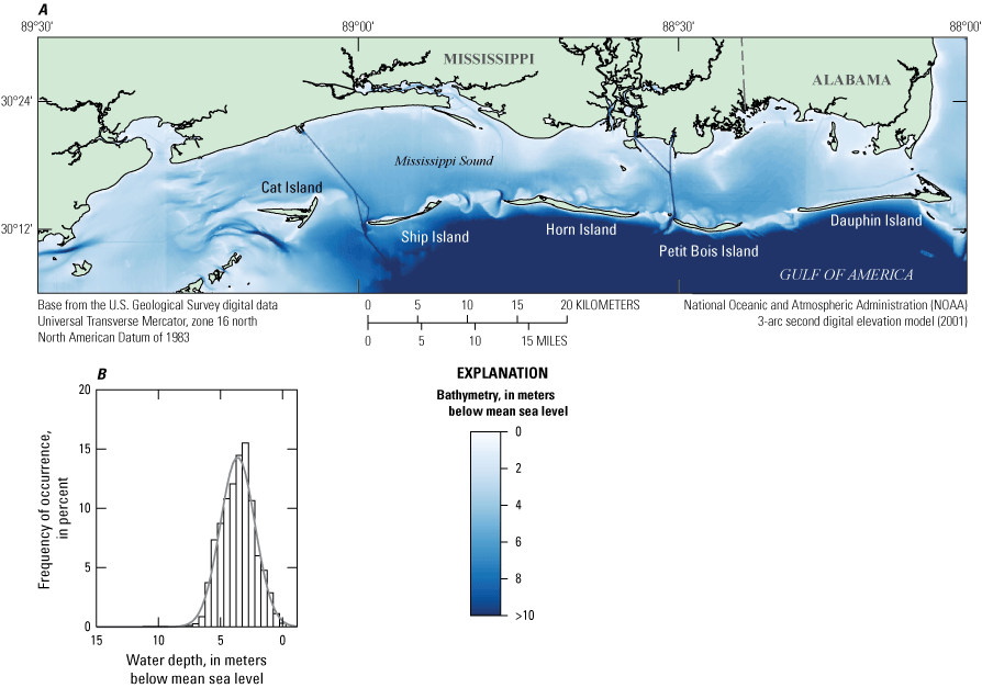 Water depth is mostly less than 5 meters within the Mississippi Sound and deeper south
                     of the barrier islands.
