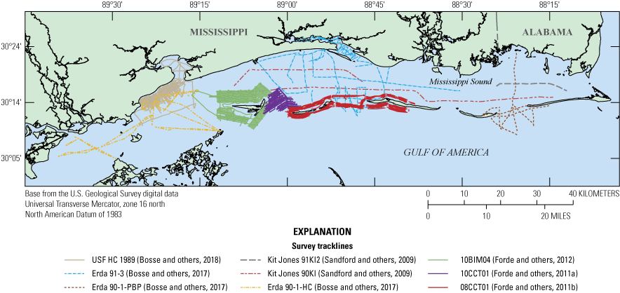 Tracklines of nine different surveys cover the Mississippi Sound south of Mississippi
                     and Alabama.