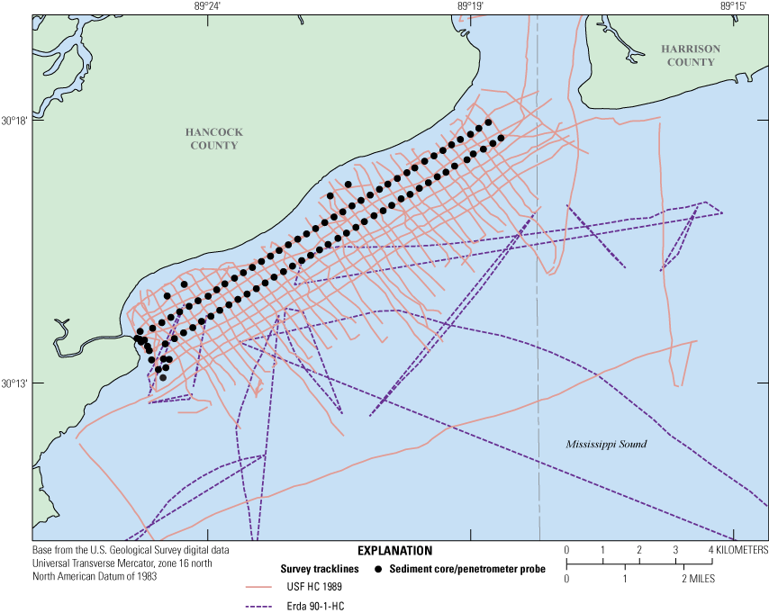 Study area covered by tracklines from two surveys and sediment core sample locations.