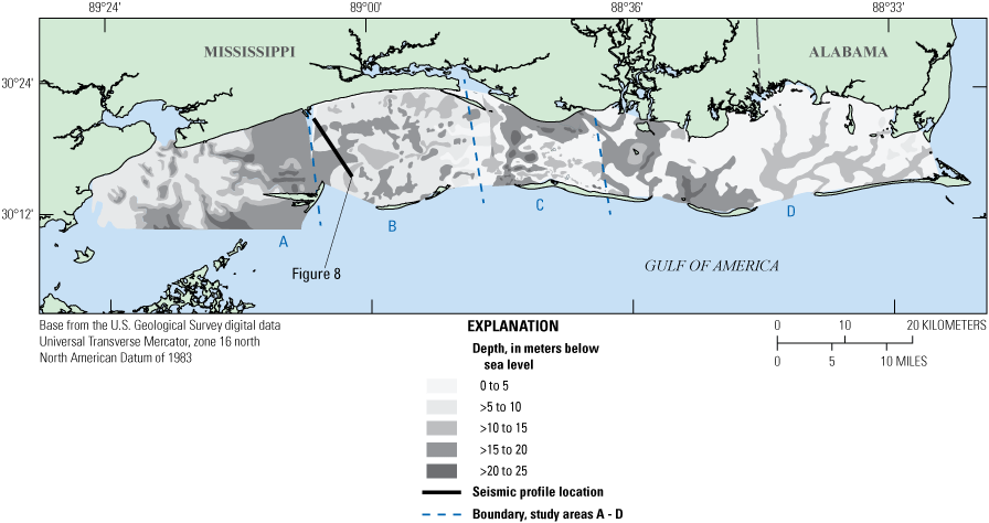 Depth to the Pleistocene level increases westward and seawater.