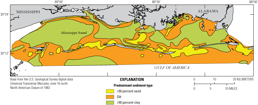 Three primary sediment types are present across the study area: mostly sand, silt,
                        and mostly clay.