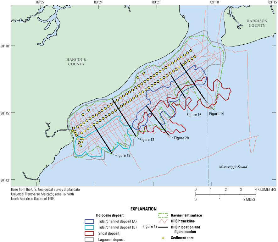 Four Holocene sediment deposits above Pleistocene boundary overlap with HRSP survey
                        tracklines and sediment core locations.