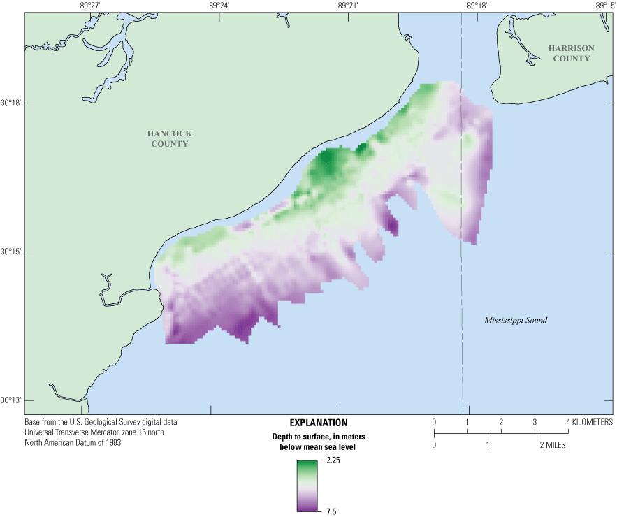A gradient over the study are shows depth from the Pleistocene surface layer to the
                        sea surface in meters.