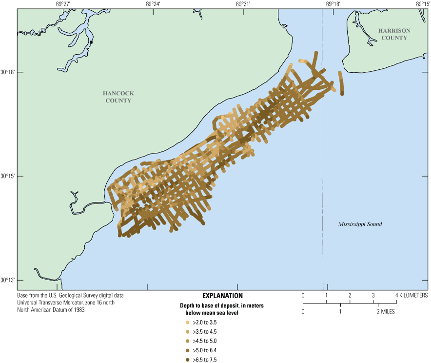 Depth to the base of the lagoonal deposits southeast of the coast increases seaward
                        and toward the southwest.