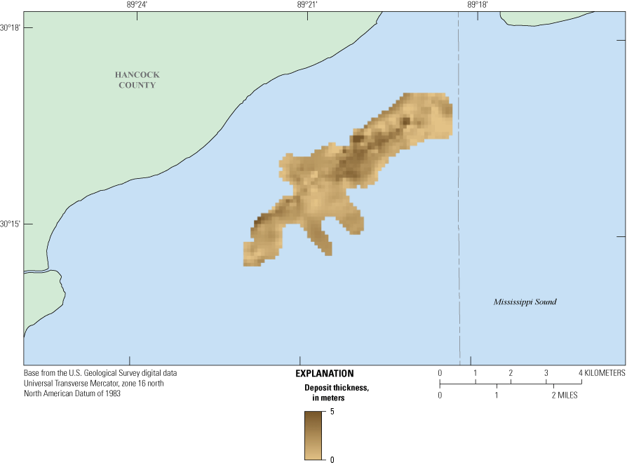 Thickness of deposit A’s basal surface, southeast of the coast, is greatest along
                        the center of the deposit.