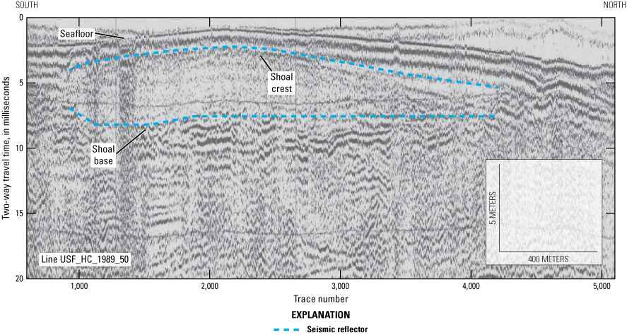 Sediment boundaries outline the crest and base of a possible shoal or island.