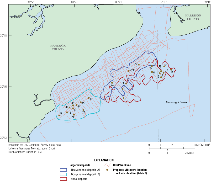 Three Holocene-era sediment deposits collocated with HRSP survey tracklines and proposed
                     locations for new vibracores.