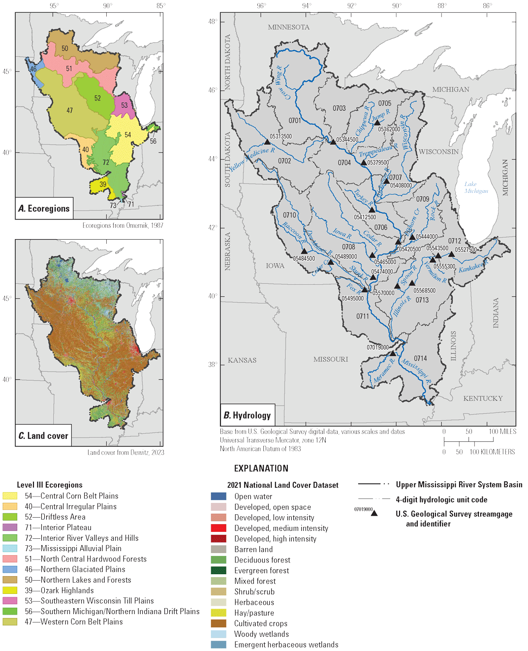 Three maps of the Upper Mississippi River System Basin depicting ecoregions, land
cover, and subbasins.