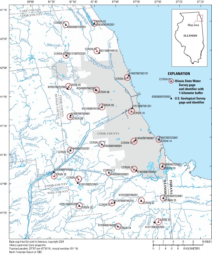 Planview map of the locations of Illinois State Water Survey and U.S. Geological Survey
                     precipitation gages, Cook County, Illinois.