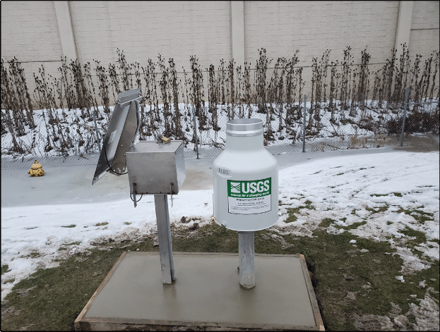 Photograph of the west view of the Rain Gage at Northbrook, Illinois.