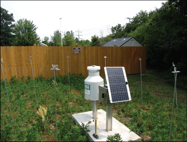 Photograph of the northeast view of the Rain Gage at Oakton College at Skokie, Illinois.