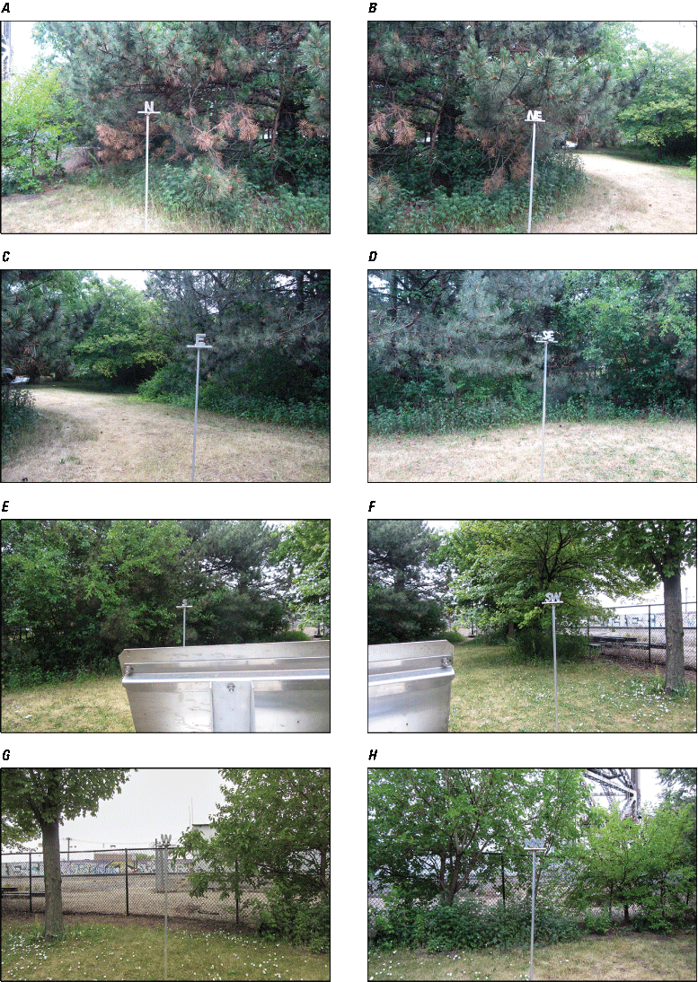 Eight photographs, one every 45 degrees from north at Rain Gage at Ping Tom Park at
                  Chicago, Illinois.