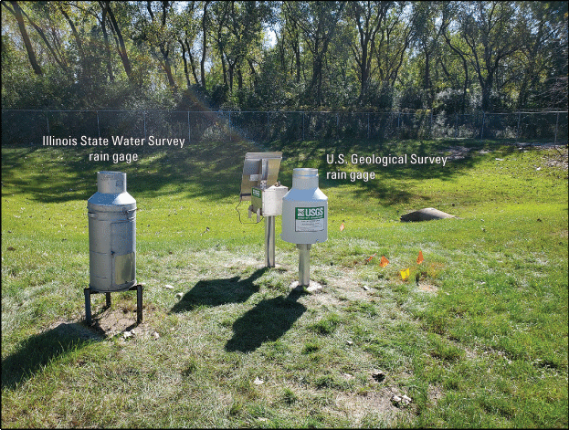Photograph of the southwest view of the Rain Gage at Bedford Park, Illinois with ISWS
                  gage on the left side of the USGS gage.