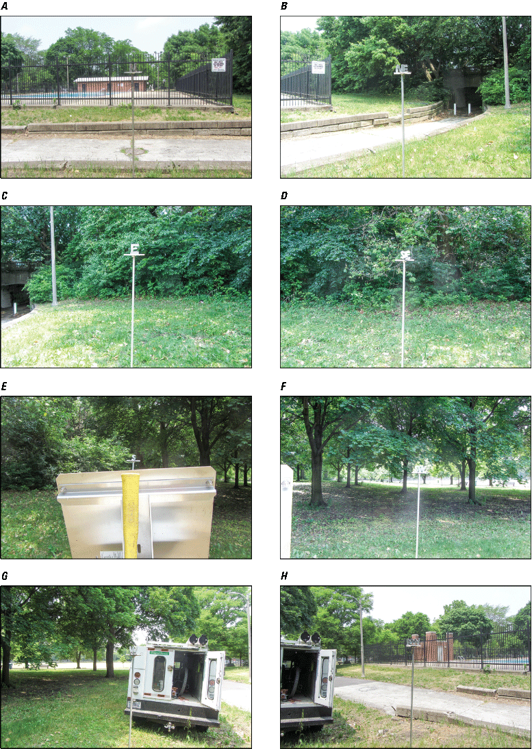 Eight photographs, one every 45 degrees from north at Rain Gage at Hamilton Park at
                  Chicago, Illinois.