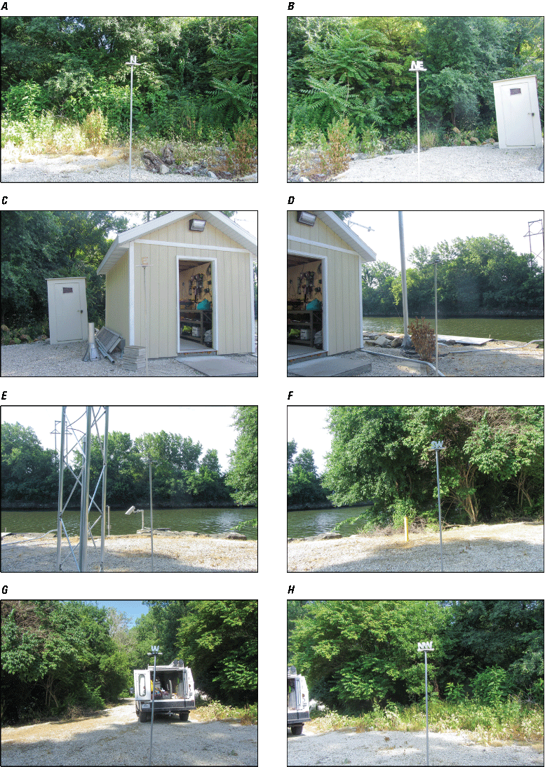 Eight photographs, one every 45 degrees from north at Rain Gage at Chicago Sanitary
                  and Ship Canal near Lemont, Illinois.