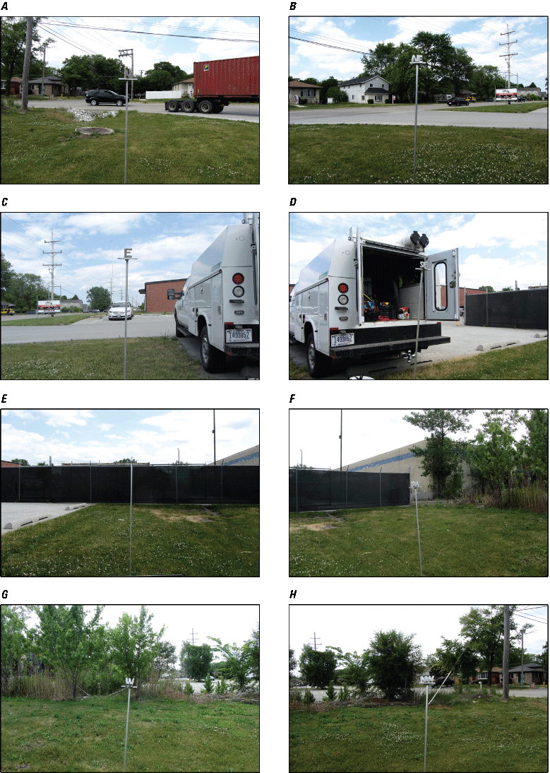 Eight photographs, one every 45 degrees from north at Rain Gage at Harvey, Illinois.