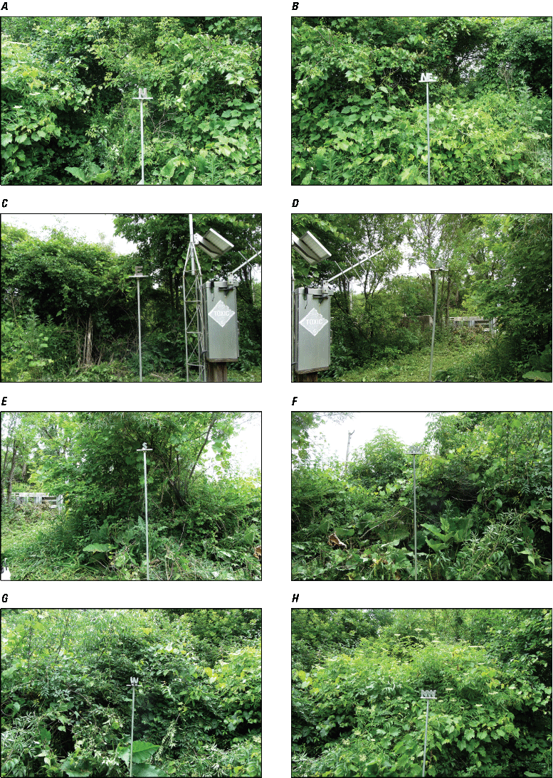 Photographs of the Rain Gage at Deer Creek near Chicago Heights, Illinois (413115087352501).
                     A, North view. B, Northeast view. C, East view. D, Southeast view. E, South view. F, Southwest view. G, West view. H, Northwest view. Photographs by Kevin K. Johnson, U.S. Geological Survey.