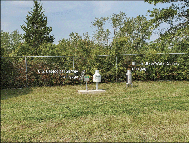 Photograph of the Illinois State Water Survey and USGS precipitation gage installations
                     at Rain Gage at Orland Park, Ill