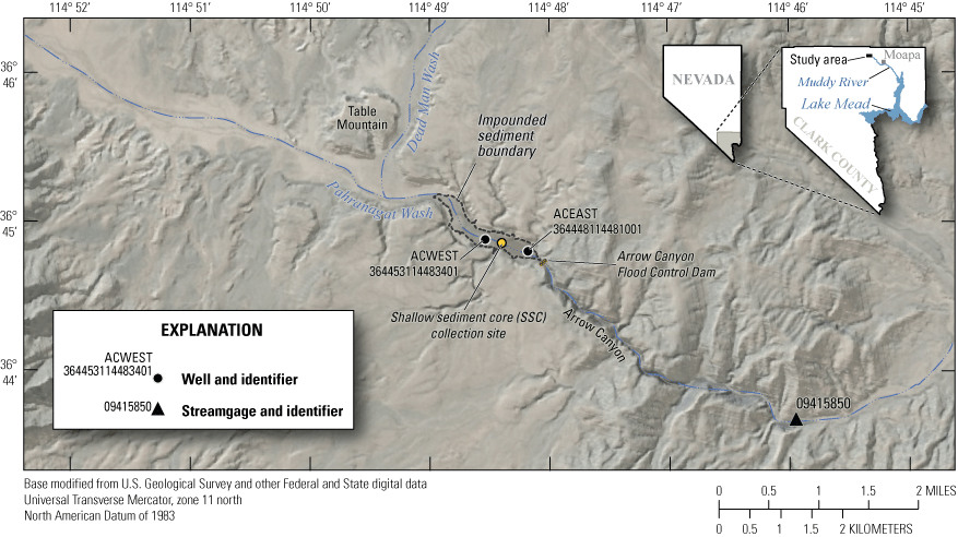 1. Wells ACWEST and ACEAST and shallow sediment core (SSC) are immediately upstream
                     from the Arrow Canyon Flood Control Dam.