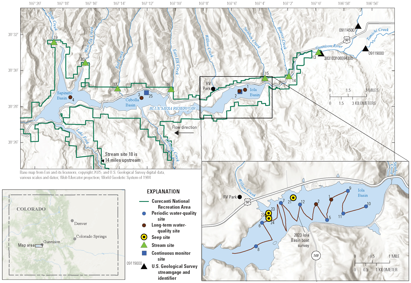 Reservoir sampling sites are in the center of each of the three lake basins and stream
                     sampling sites are mostly along the north side of the reservoir.