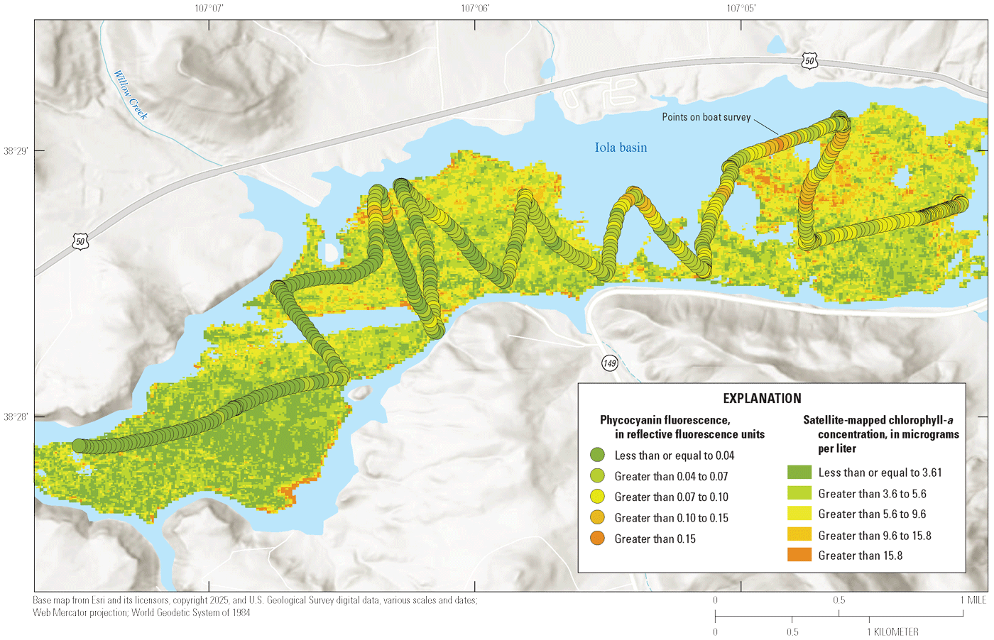 Map showing chlorophyll-a concentrations as mapped by Sentinel 2 satellite and fluorescence of chlorophyl data
                     from EXO-2 monitor during a boat survey on September 28, 2023. Fluorescence data from
                     Qi and others (2025) and mapped chlorophyll data from King and others (2024).
