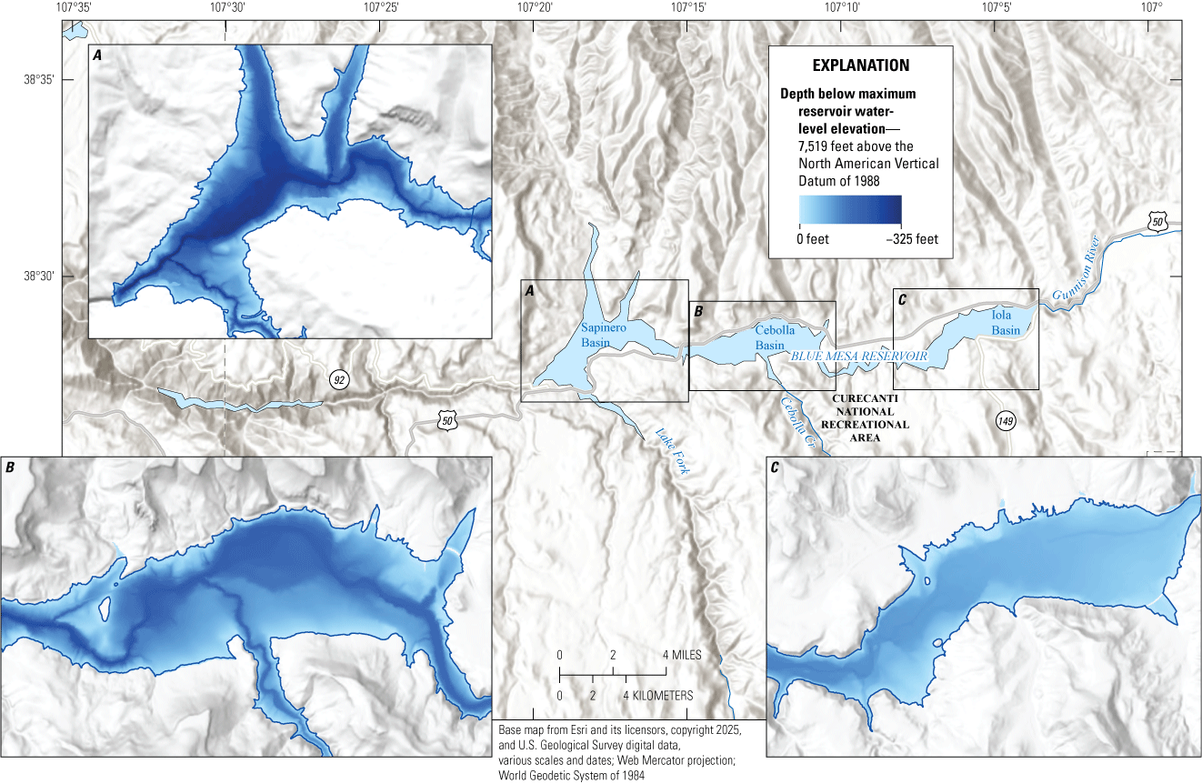 Iola basin on the east end is the shallowest part of the reservoir and Sapinero basin
                        on the west end is the deepest.