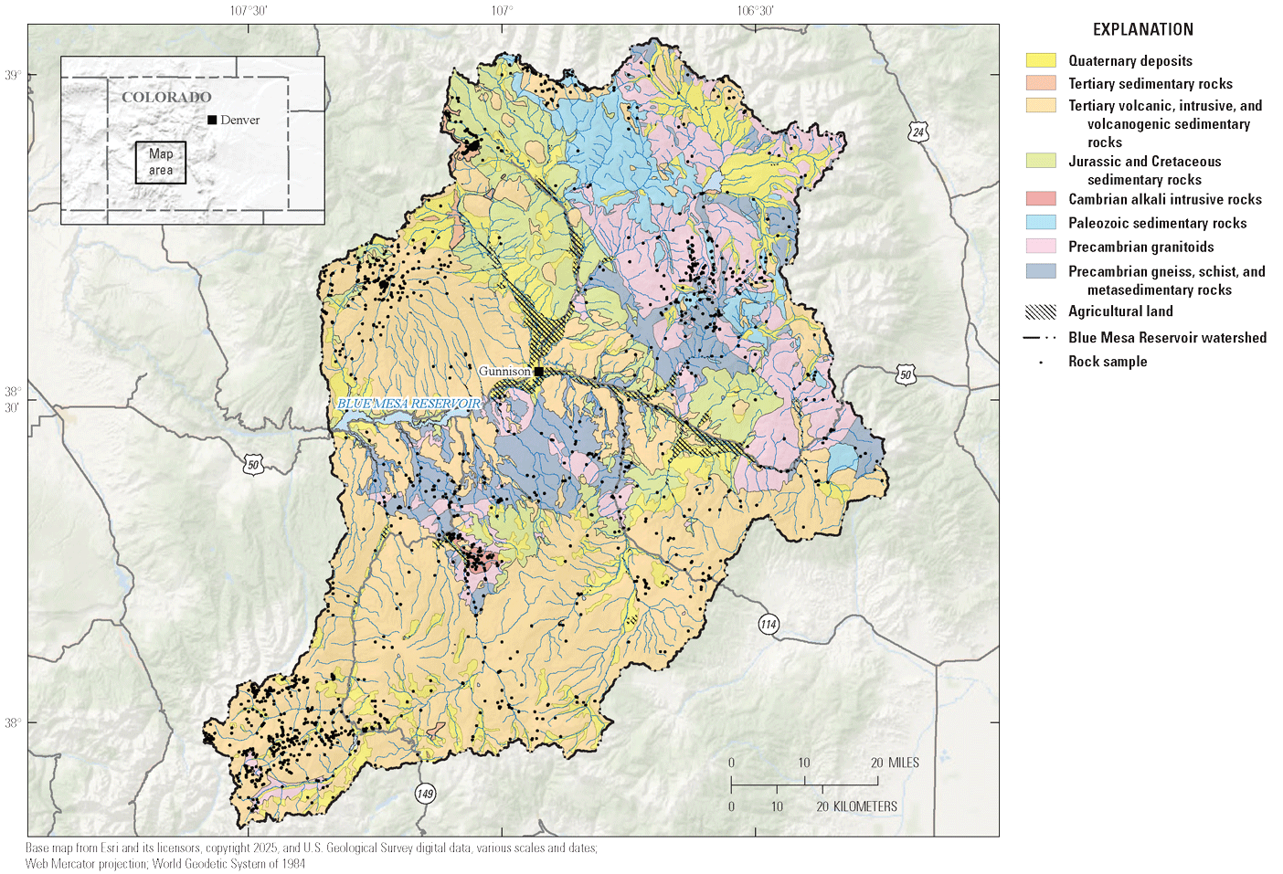 Tertiary volcanic rock types underlie most of the Blue Mesa Reservoir watershed.