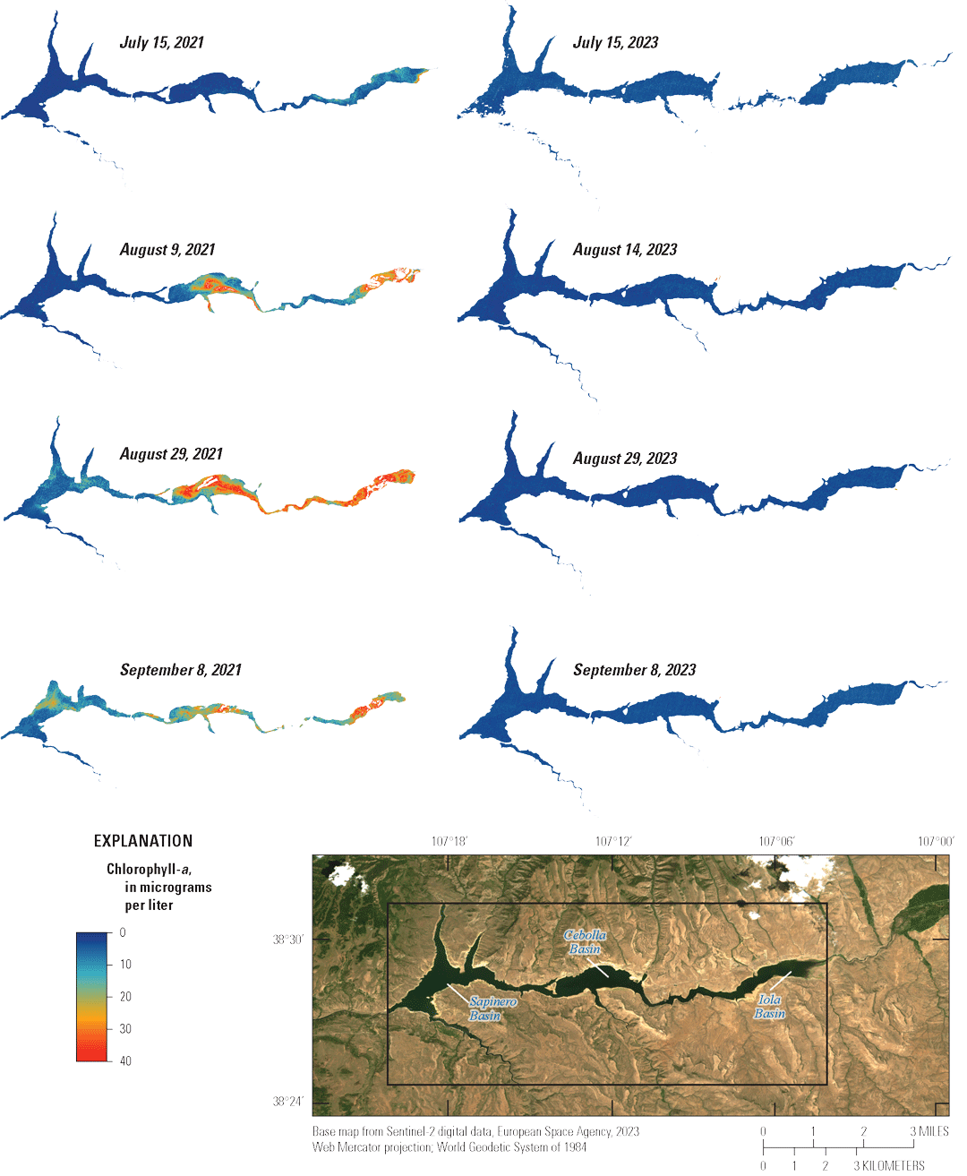 Satellite-based chlorophyll-a maps show higher chlorophyll-a in 2021 a year with low
                        reservoir levels compared to 2023 a year with high reservoir levels.