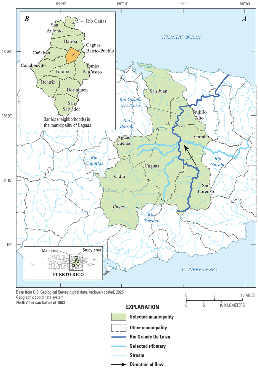 The Río Grande De Loíza flows from the south to the north through several municipalities
                     in Puerto Rico. The municipality of Caguas, in east central Puerto Rico, is made up
                     of 11 barrios.